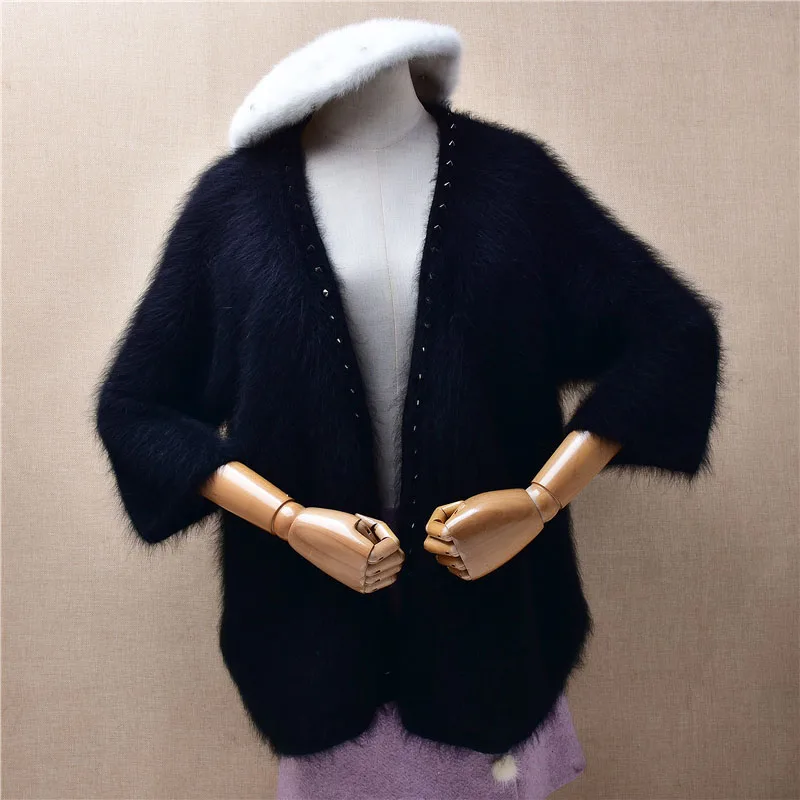 

Ladies Women Autumn Winter Clothes Fashion Black Beading Hairy Mink Cashmere Knitted Half Sleeves Loose Cardigans Mantle Sweater