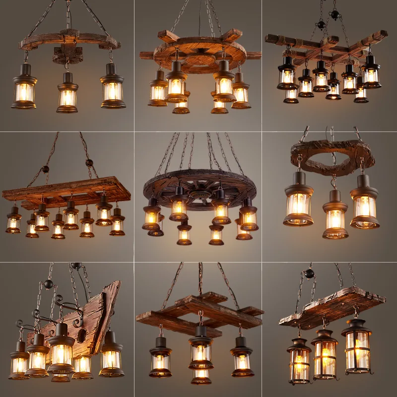 

Vintage Industrial Solid Wood LED Chandeliers Rural LOFT Bar Wooden Pendant Hanging Lamps Dining Room Restaurant Decor Lighting