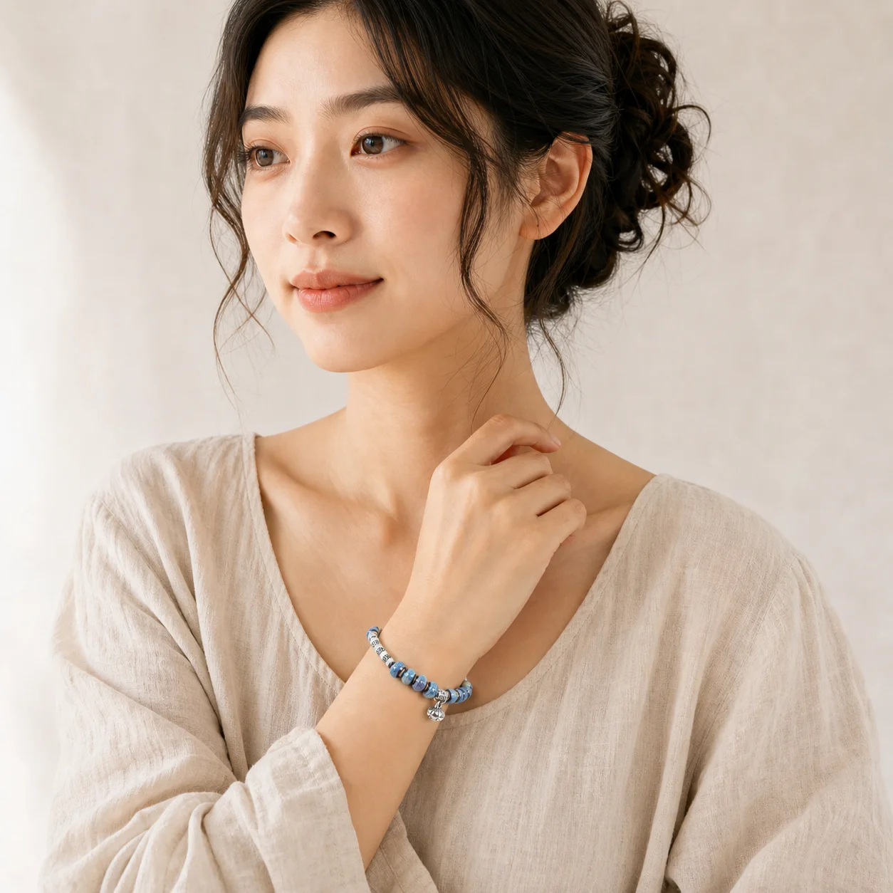 Handmade Ceramic Bead Bracelet with Elastic Cord Metal Accents Handwoven Hua Yao Artisan Crafted Jewelry Y260719-02