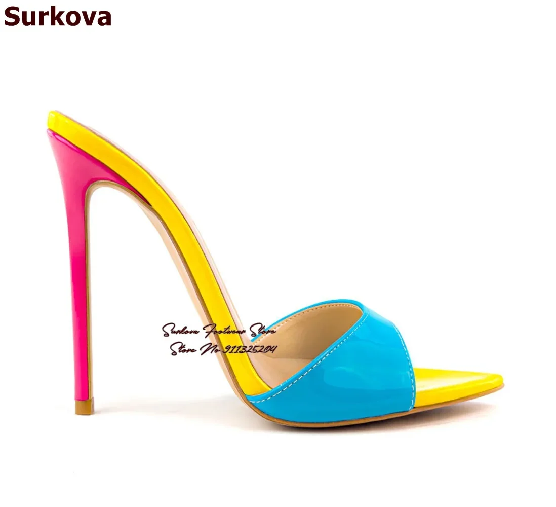 Surkova Slippeprs a punta in pelle verniciata verde Tacchi a spillo rosa Sandali dai colori abbinati Scarpe eleganti slip-on poco profonde