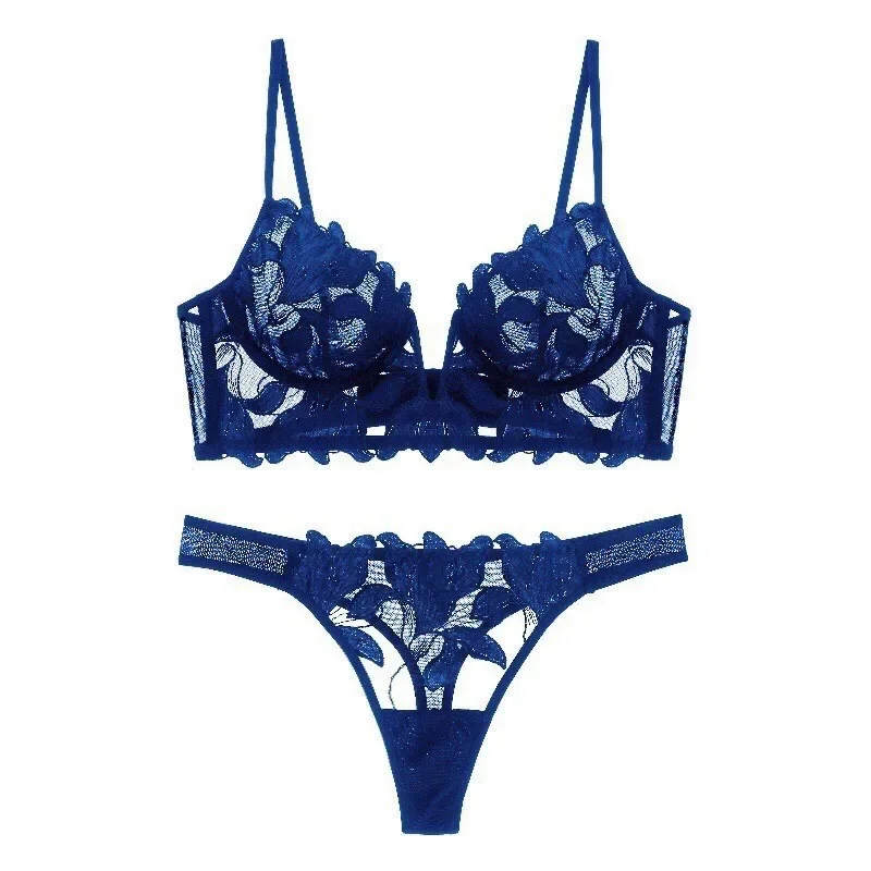 Women Royal Blue Pure Floral Underwear Sexy Two Piece V neck Bras Panty Brief Babydoll Strap Underwear Sets