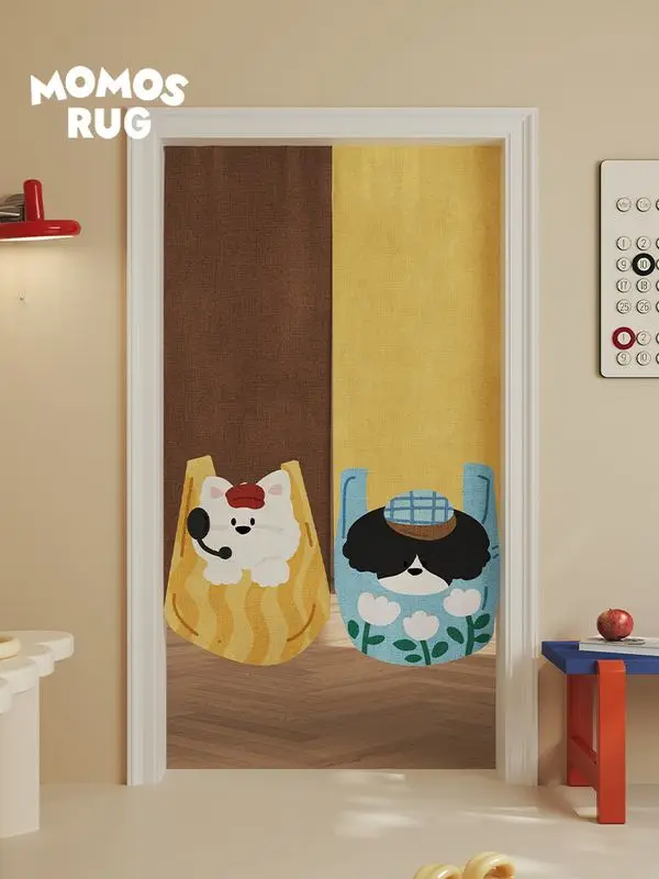 Contrast Color Cartoon Pet Print Noren Split Door Curtain Room Divider Privacy Curtain for Apartment Kids Room Cute Home Decor
