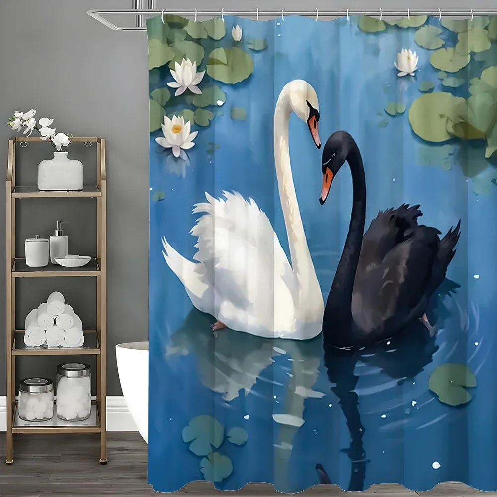 Black and White Swan Swimming Shower Curtain, Bathroom Decorative Shower Curtain, Waterproof Shower Curtain with HooksVVV