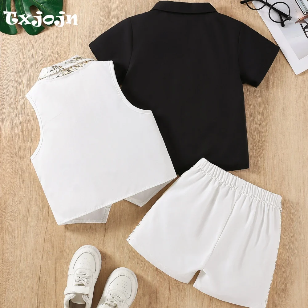 Boy's Formal wear spring/summer children's 3 Piece Set Foil-Printed Clothes Short-sleeve top Pants Vest Kids Party Outfit