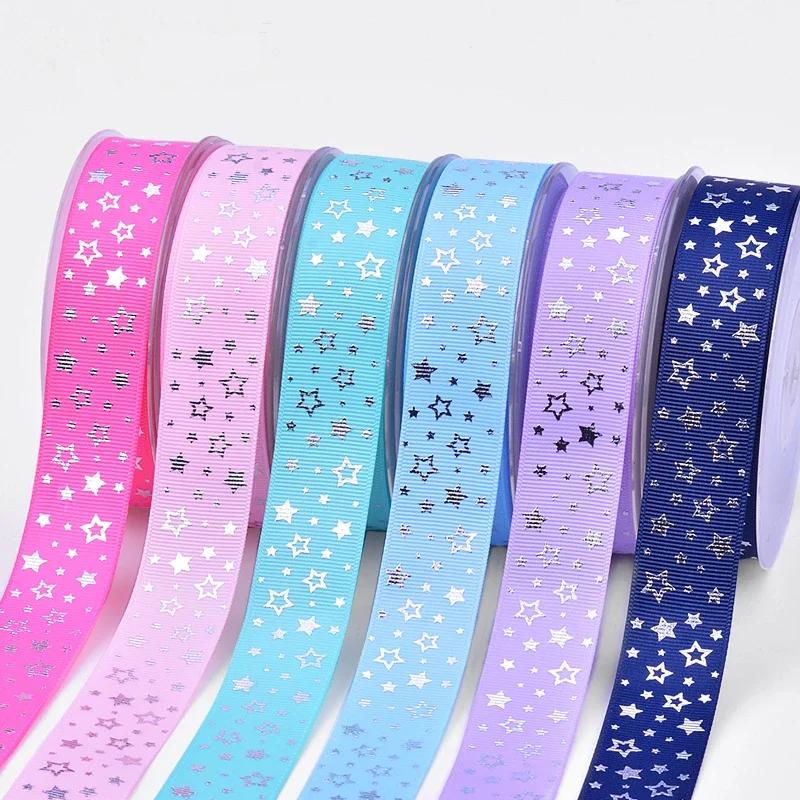 

New Sales 1 " 25mm Sliver Foil Stars Pattern Colorful Printed Grosgrain Ribbons 10/50/100 Yards