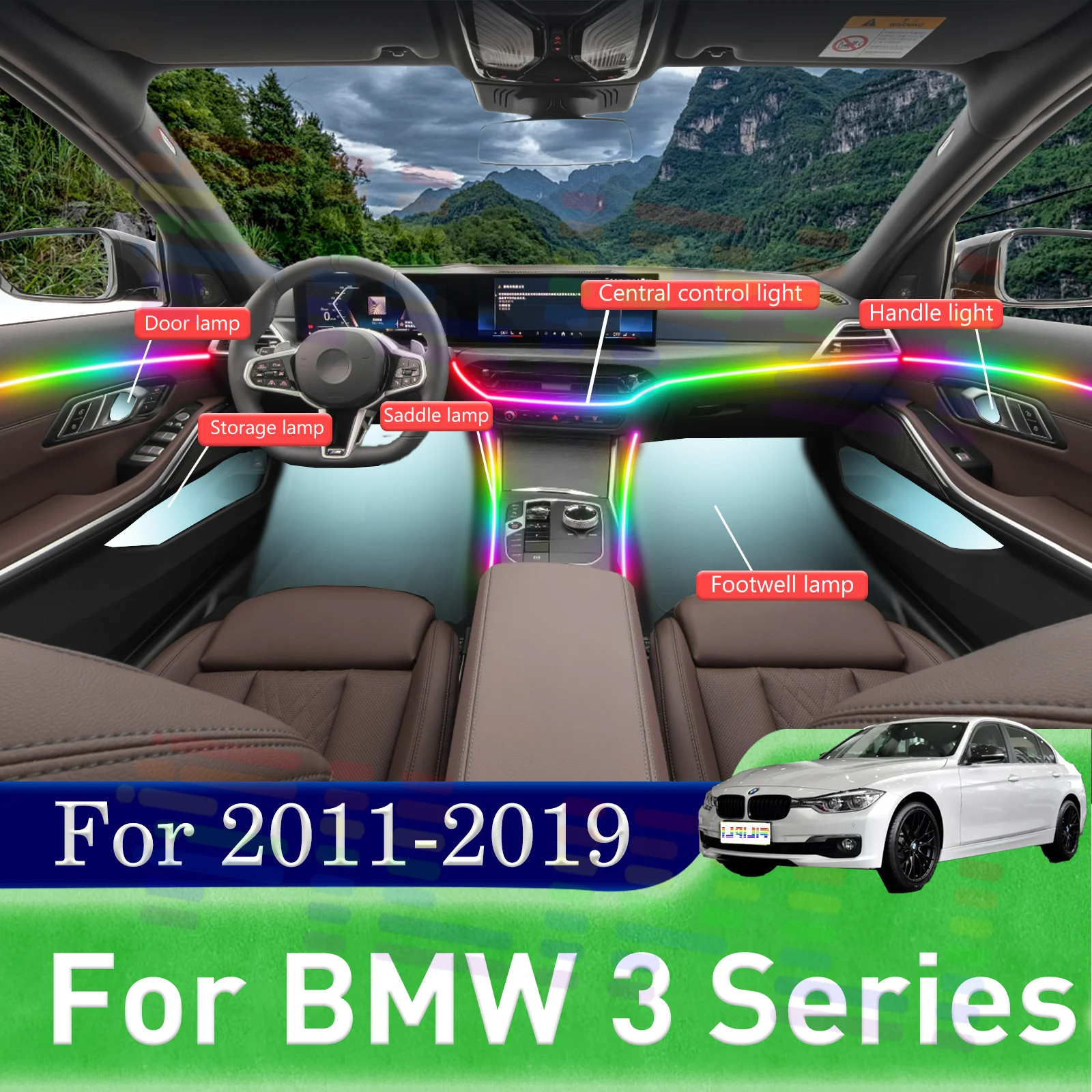 

For BMW 3 Series Car Interior Ambient Lamp Kit RGB 64-Color LED Secure-Fit Installation Lights For 2011-2019