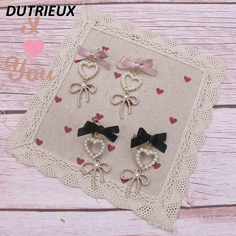 Cute Handmade Mass-Produced Japanese Mine Earrings Bow Heart Pearl Ornament Kawaii Sweet Girl Ear Clip Silver Needle Accessories