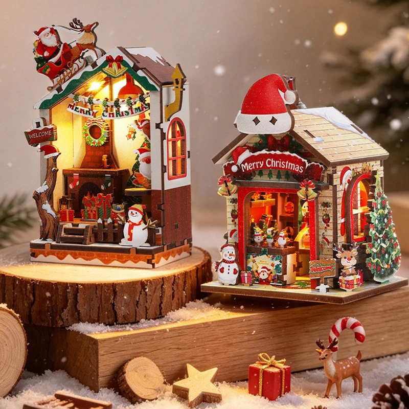 Christmas Cottage Handmade Assembled Refrigerator Sticker Wooden 3D Puzzle Creative Home Model Ornament Children's Holiday Gifts