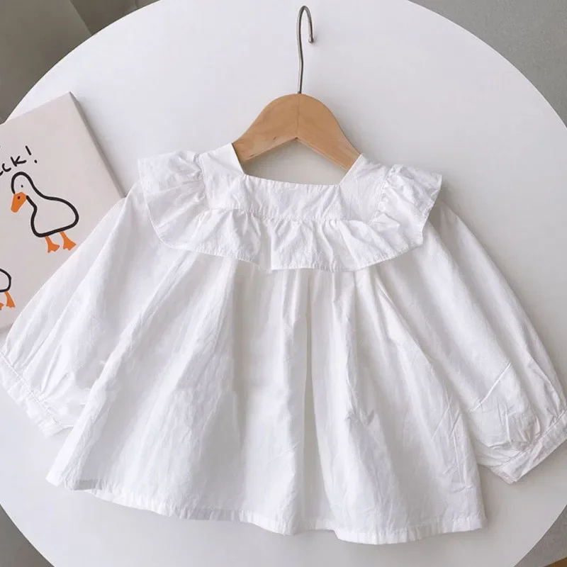 Korean girls top autumn doll shirt loose baby white blouse ruffle edge square collar children's long sleeve