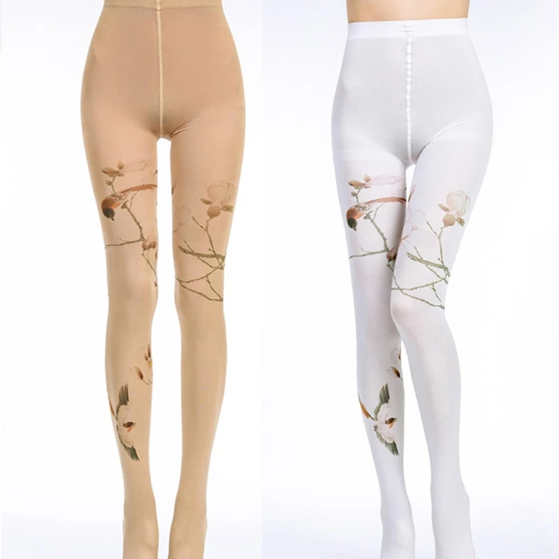 

Women Vintage Watercolor Pattern Pantyhose Bird Flower Branches Printed Skinny Leggings Personality Eltic Footed Tights