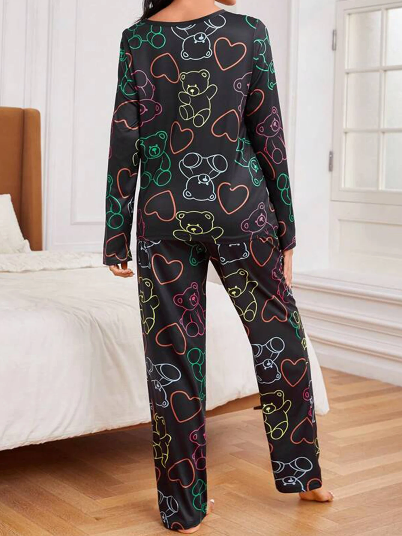 Casual Heart & Bear Print Pajamas Set Long Sleeve Crew Neck Top & Pants Women\'s Sleepwear Loungewear