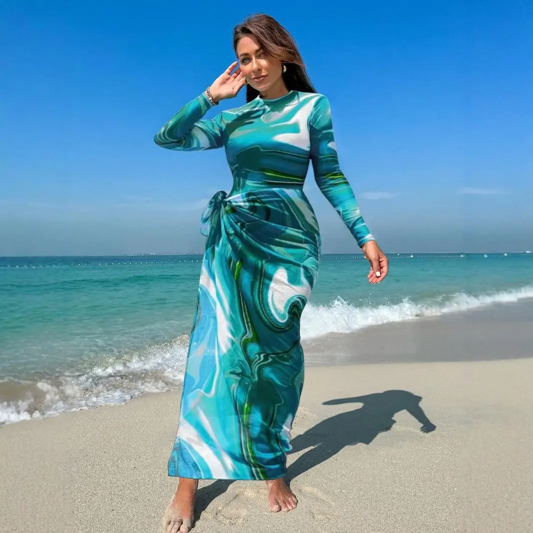 Conservative Swimsuit Long Sleeve Trousers Swimsuit Full Coverage Patterned Swimwear Performance Seaside Women's Swimsuit