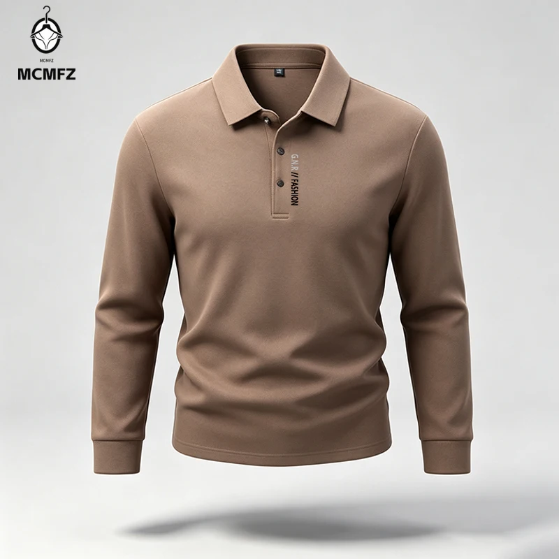Men Minimalist Long Sleeve Polo Shirt Lapel Collar Letter Print Detail Soft Material For Everyday Urban Casual Daily Dressing