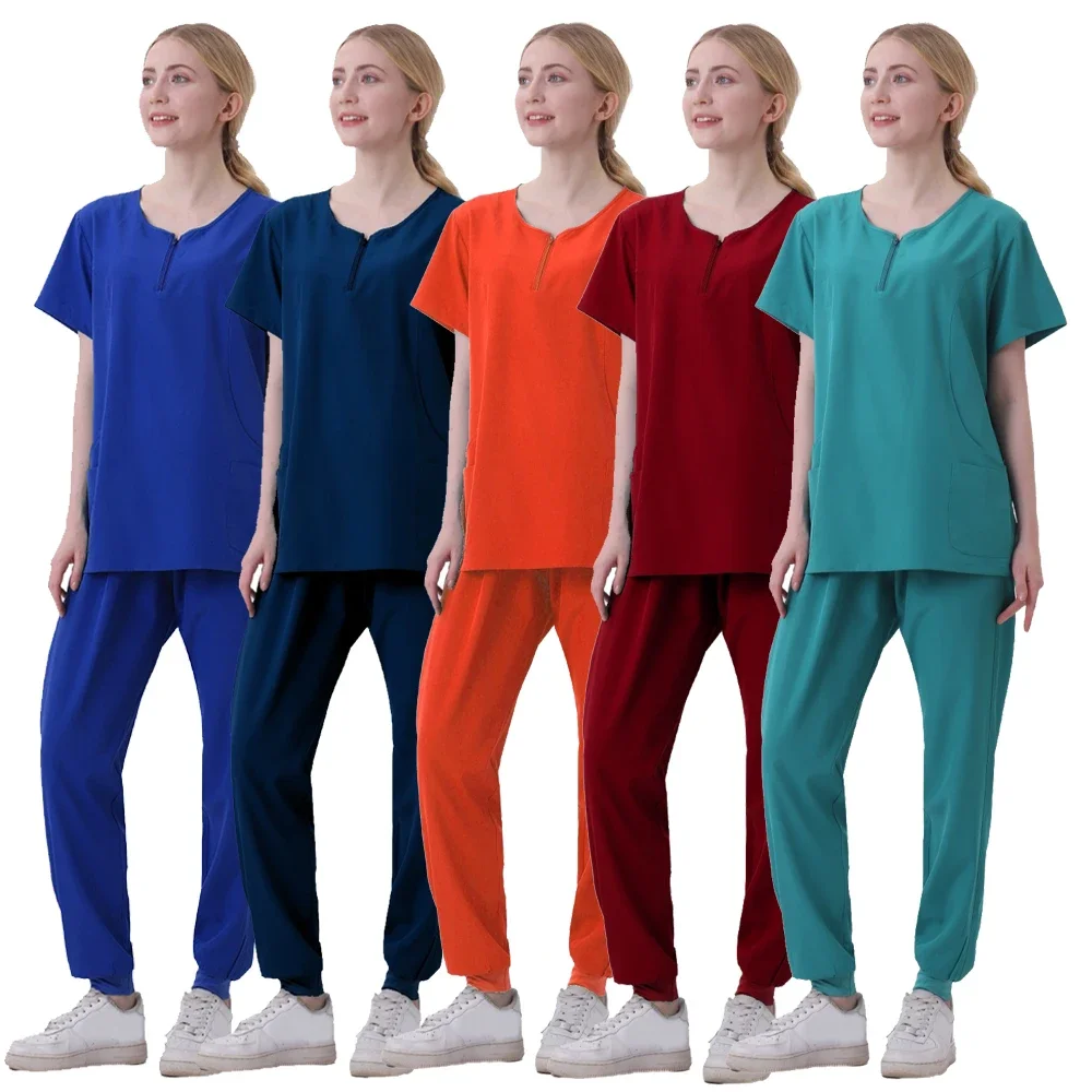 Conjunto Uniforme de Esfoliantes Elásticos femininos, Vestidos Cirúrgicos Hospitalares, Tops de Manga Curta, Terno de Calça Bocador, Roupas Médico, Acessórios Médicos