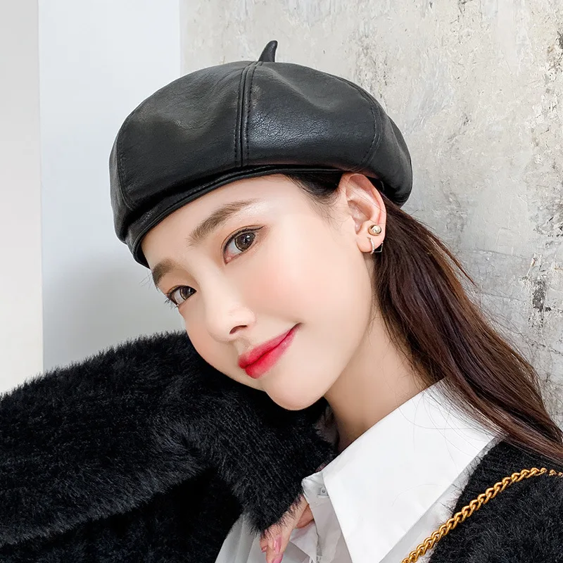 Retro Solid Color PU Leather Beret Hat For Women Lady Elegant French Octagonal Artist Painter Cap Spring Autumn Plain Bonnet