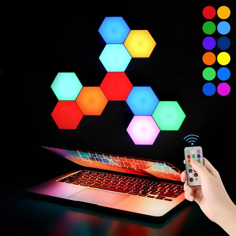 Smart Hexagon LED Wall Lights Touch-Sensitive RGB Panels with Remote Control DIY Mood Lighting 13 Colors Easy Installation