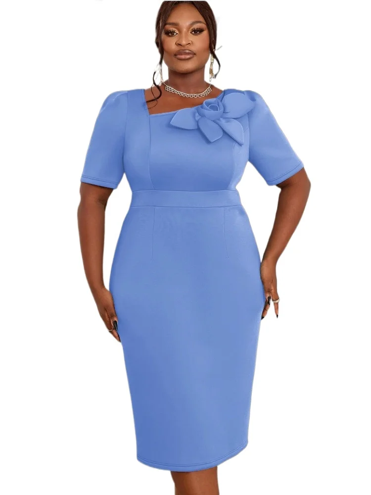 

Elegant Plus Size Package Hip Bodycon Dress Asymmetrical Neck Short Sleeves Bow Accent At Neckline Ideal for Office Formal Event