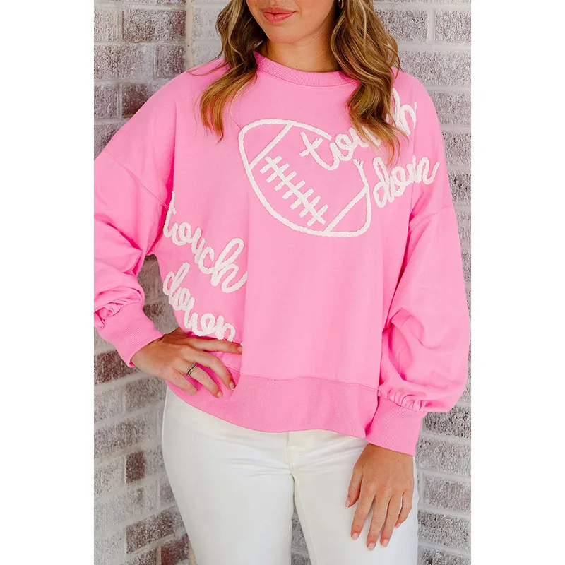 Dames Europese en Amerikaanse casual losse letter geborduurd sweatshirt met ronde hals Off-shoulder top met lange mouwen voor de winter