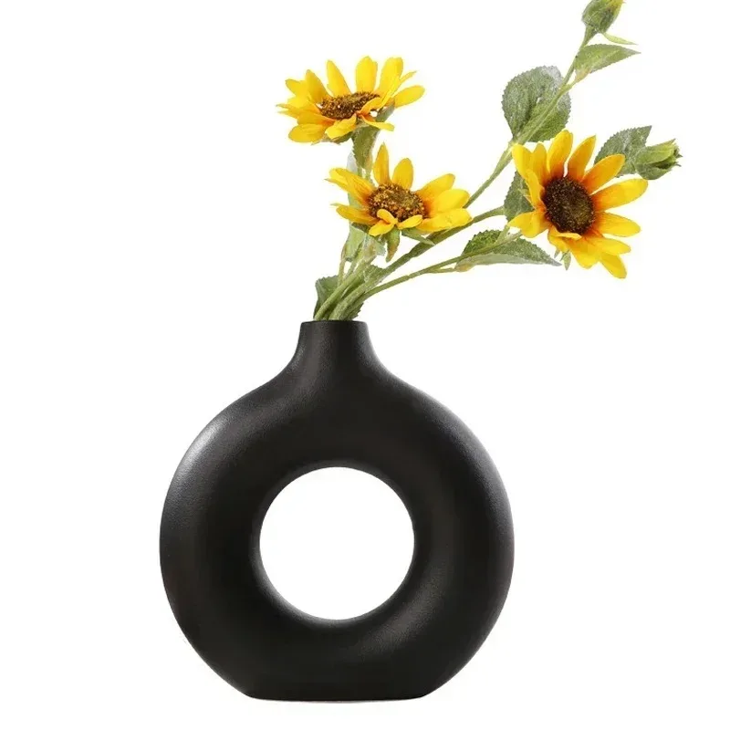 1Pcs White/Black Beige Ceramic Vase Vases For Decor Modern Home Decor Vase Boho Vases For Decor  Circle Vase, Round Vase Donut