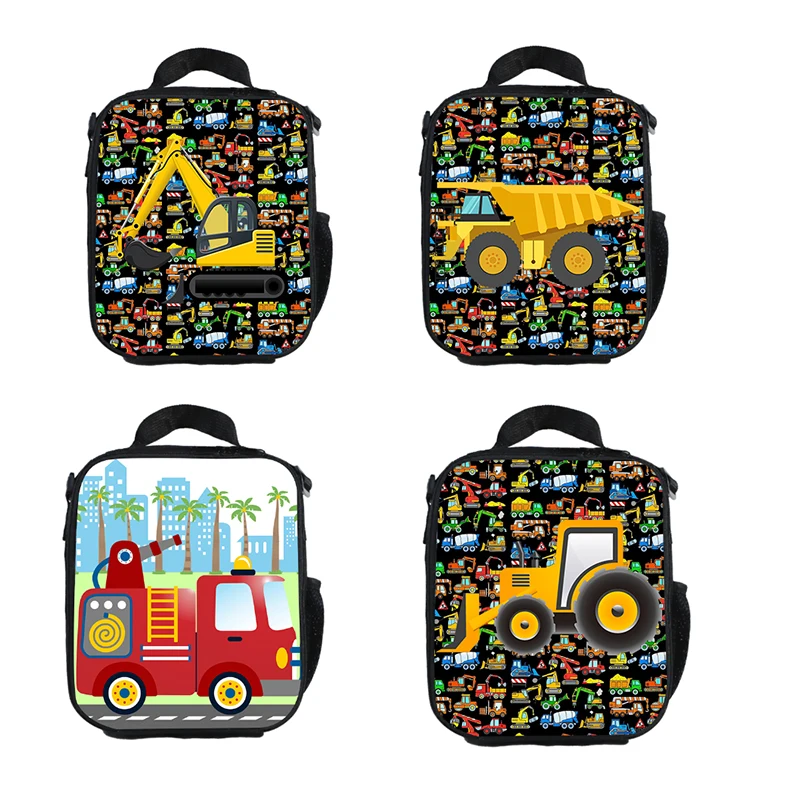 Cartoon cute lunch  insulatied  bag bulldozer excavator fire truck  lunch box  for kids  women\'s leisure travel picnic food bag