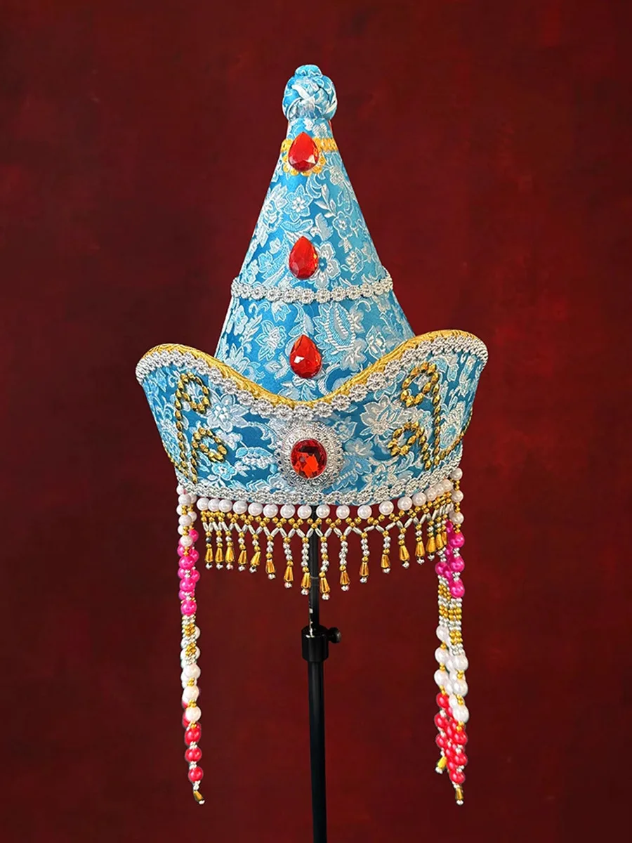 

Blue Types Of Mongolian Hats For Women Stage Dance Headdress Minority National Peaked Hats With Tassel Princess Cosplay Headwear