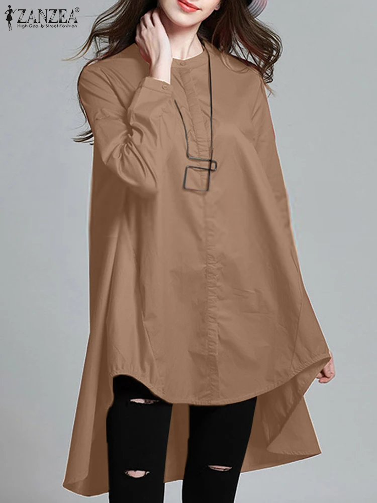 Stylish Solid Shirts ZANZEA Women Long Sleeve O Neck Blouse Autumn Solid Loose Tops Casual Button Blusas Female Chemise Oversize