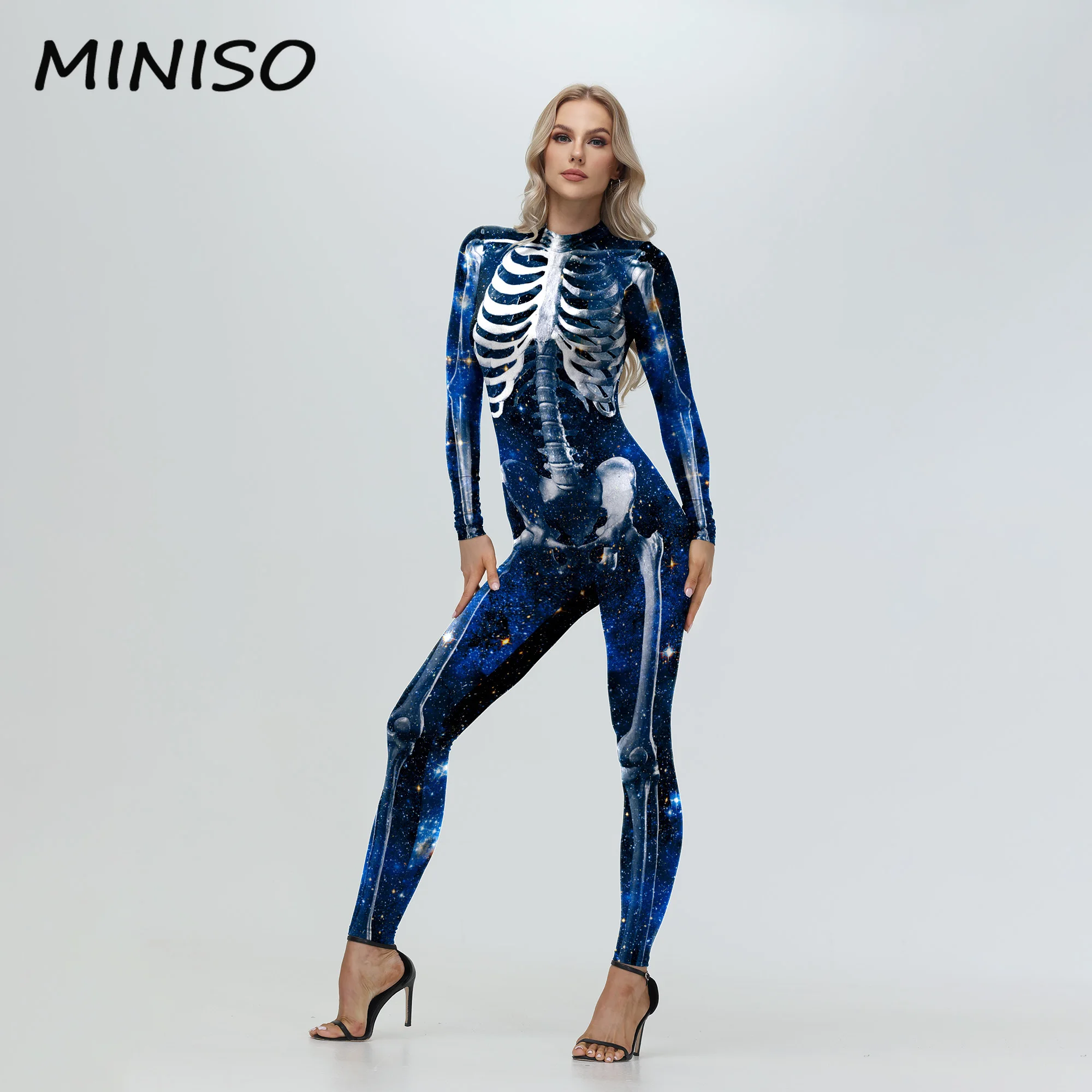 

MINISO Halloween Skeleton Costume Zentai Women Clothing Blue Astral Printed Bodysuit Cosplay Carnival Party Dress Up Jumpsuit