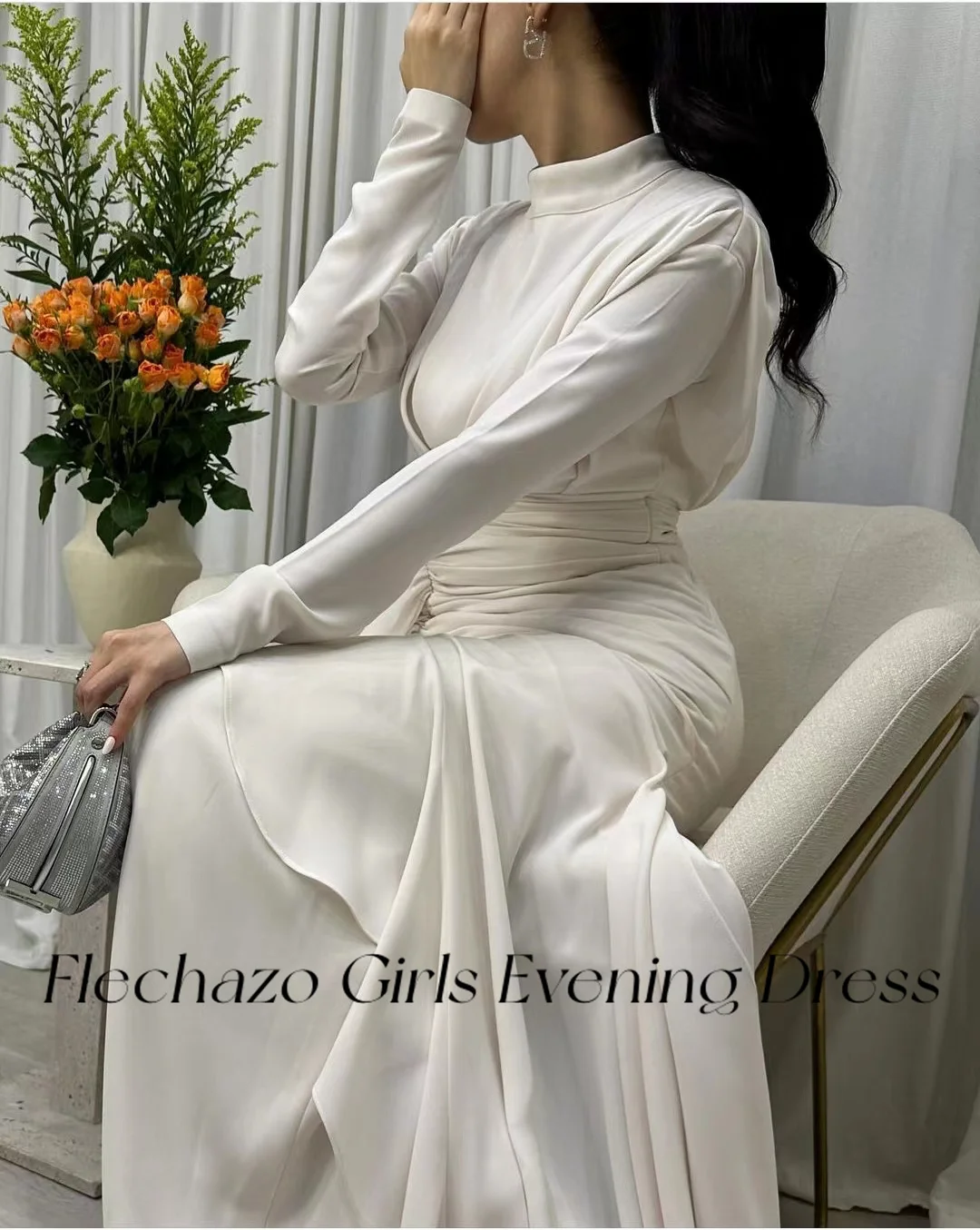 Flechazo White Evening Dresses High Neck Ruched Slit Simple Elegant Celebrity Party Daily Dress For Women 2024 vestidos de noche