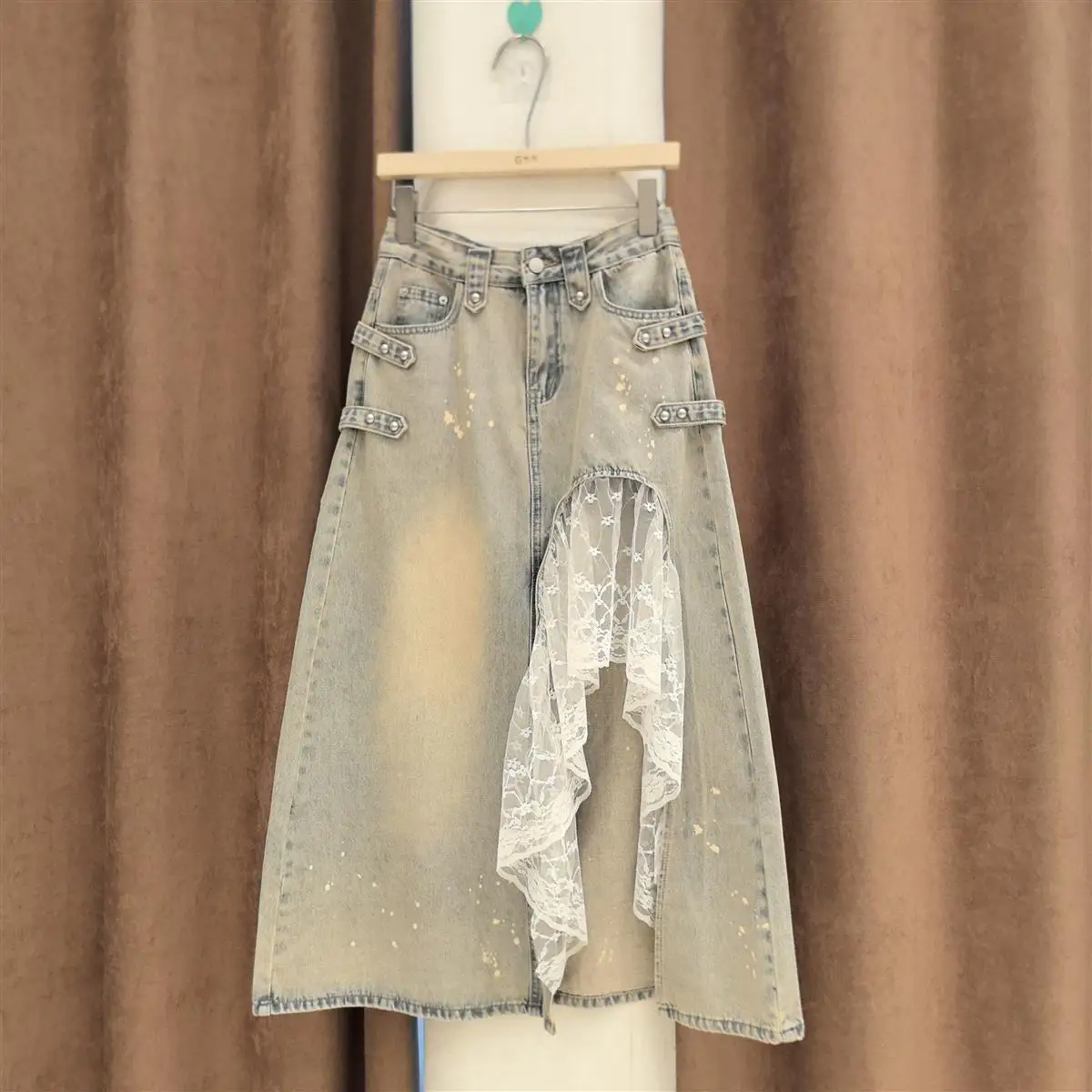 2026 Summer New Heavy Industry Irregular Lace Splicing Skirt Denim Skirt