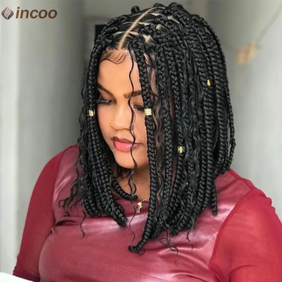 

Синтетические 12-дюймовые короткие боб-коробки, плетеные парики для женщин, бохо, без узлов, косички с вьющимися волосами, красный блондин, косички, косичка, парик