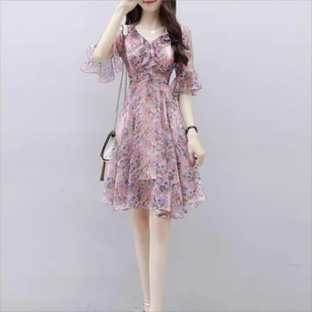 Oversize Floral Chiffon Dress Women Vestidos 2026 Summer New Elegant Slim V-Neck Butterfly Sleeve A-Line Mini Dresses Female
