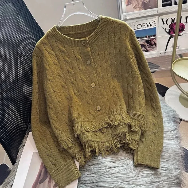 

Temperament Tassel Knitted Cardigan Jacket Autumn New Style Slimming Long Sleeved Soft and Sticky Top Retro Short Sweater