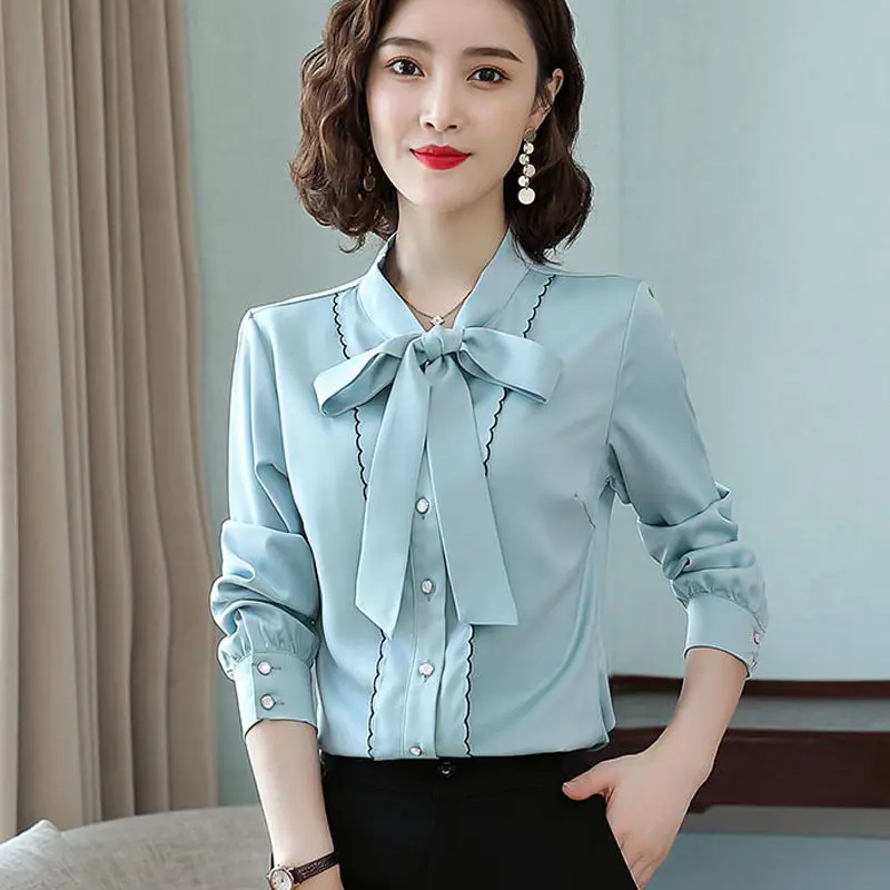 

Solid Color Bow Tie Long Sleeved Quality Shirt for Women Spring Autumn New Simulated Silk Western Style Temperament Elegant Top