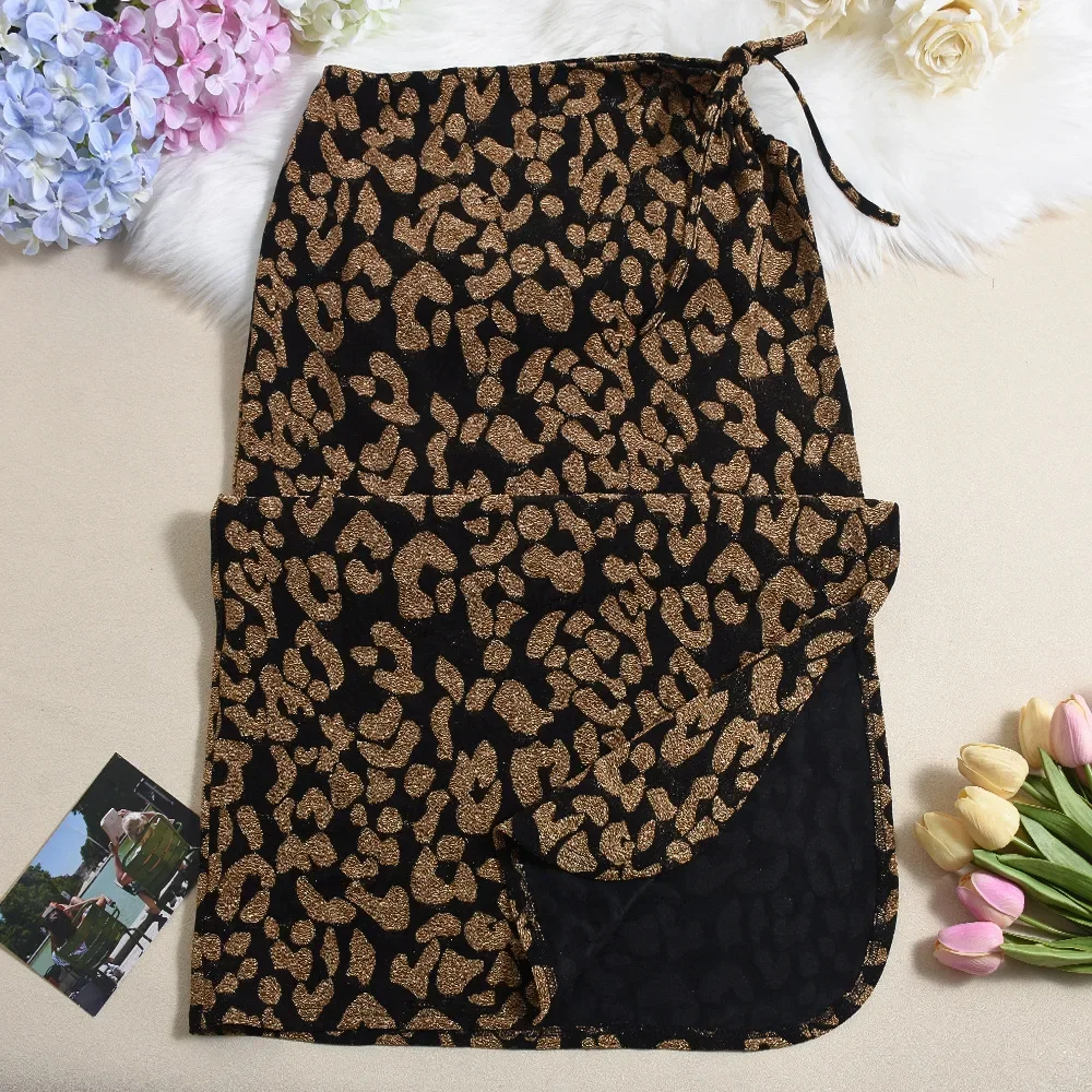 25 New Sexy Slit Drawstring Strap Elastic Irregular Gold Leopard Print Skirt Long Skirts for Women