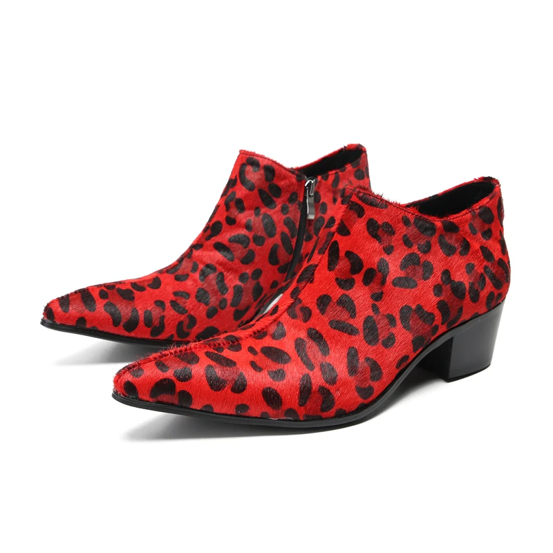 

New Fashion Casual Party Shoes Men High Heels Horse Hair Print Leather Height Increasing Shoes Celebrity Work Pointed Toe Shoes