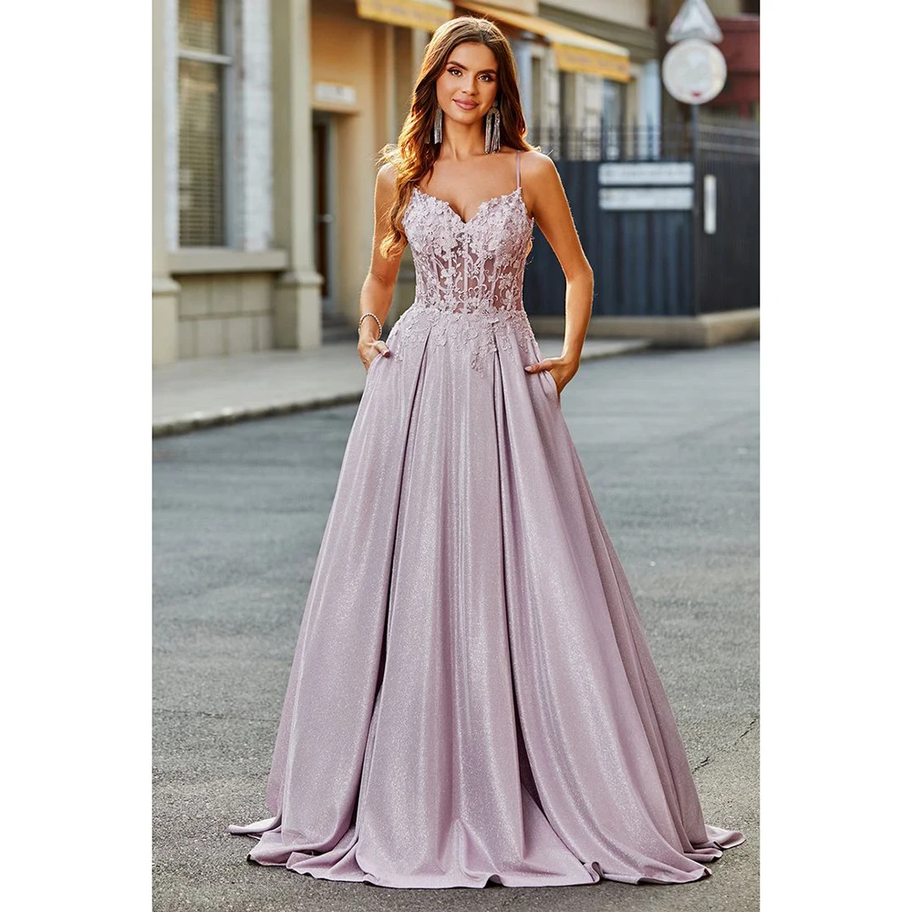 Luxo roxo longo vestido de noite drapeado apliques sem costas vestido espaguete sem alças até o chão varredura trem vestidos de luxo 2025