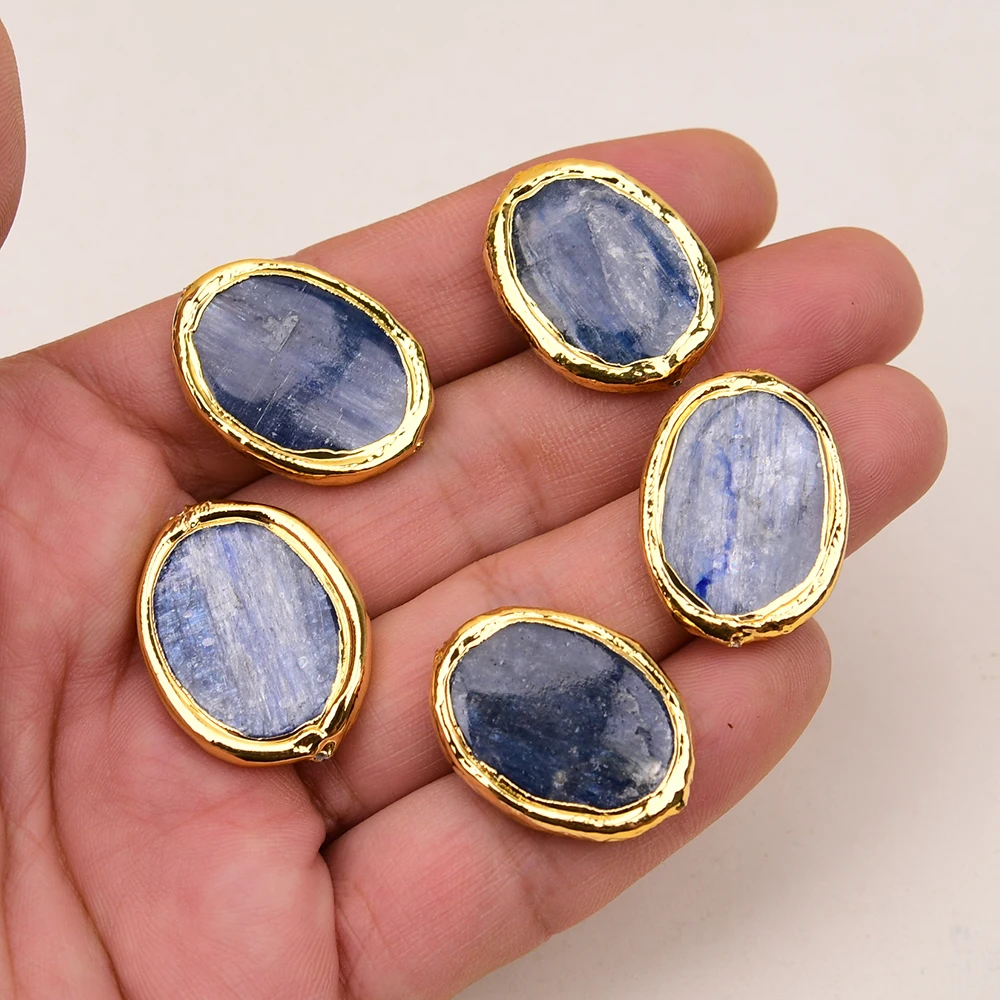 APDGG Wholesale 5 Pcs Natural Blue Kyanite Quartz Stone Oval Shape Gold Edge Plated Jewelry Accessories Jewelry Findings DIY