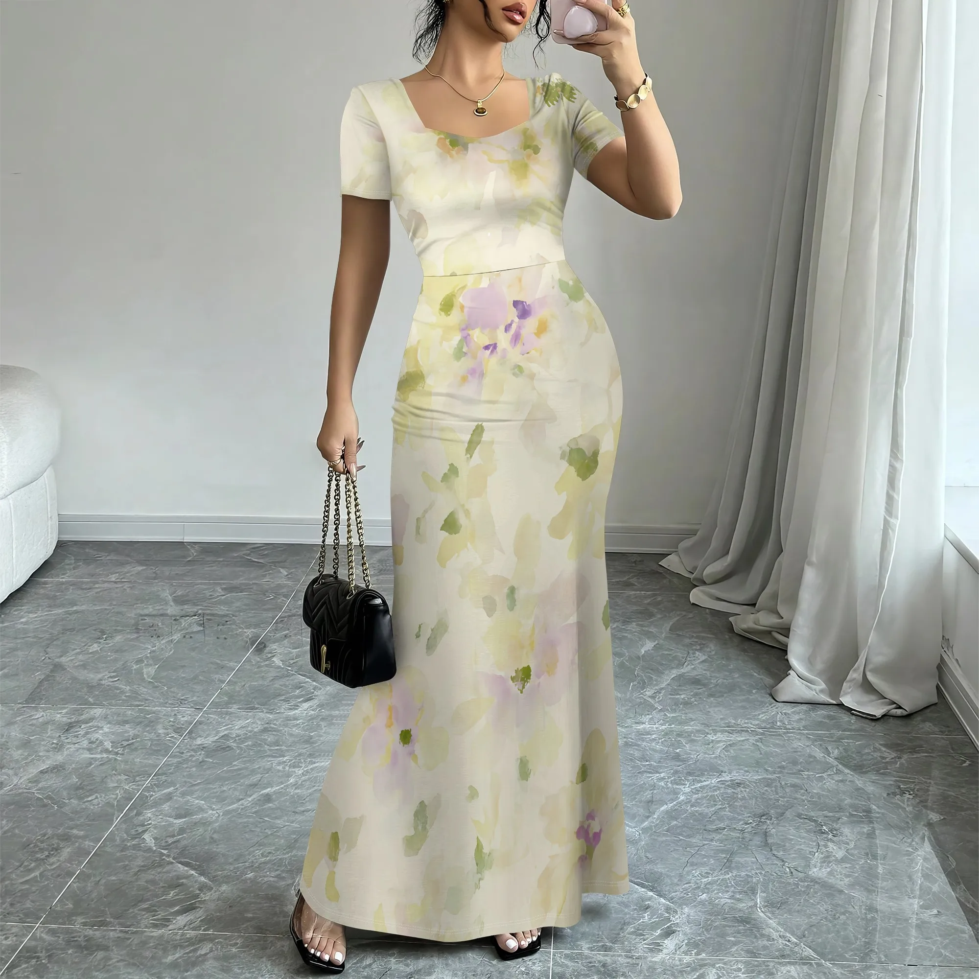 

Trendy Watercolor Dress for Women Floral Print Square Neck Slim Fit Maxi Dress Elegant Party & Evening Wear