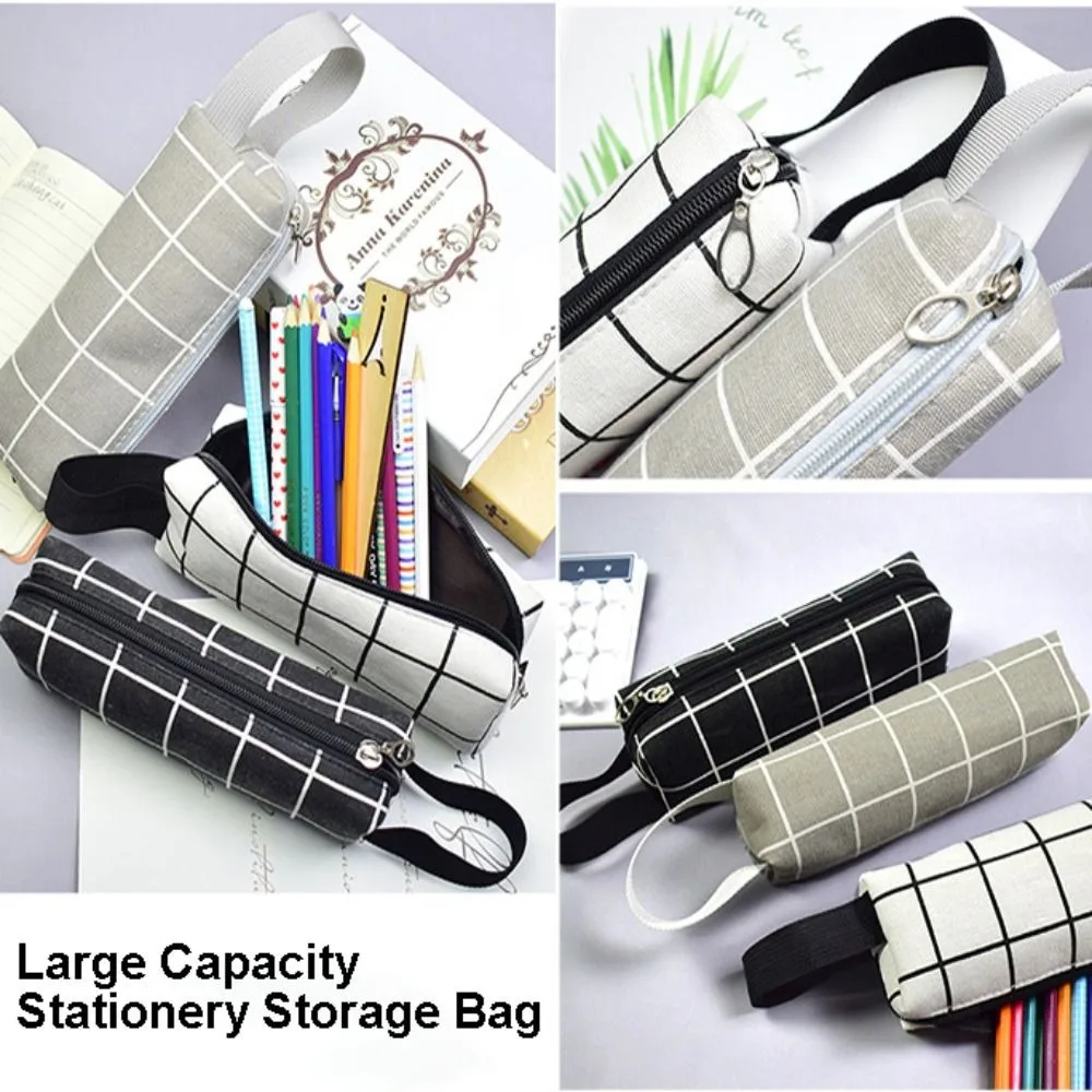 New Checkered Stripe Pen Bag Canvas Large Capacity Stationery Organizer Multi-function Portable Pencil Case Universal