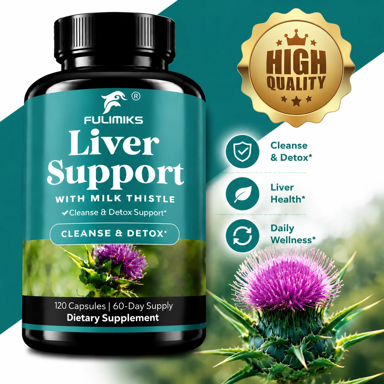 Liver Detox Supplement with Milk Thistle & Dandelion Root, Powerful Formula, Support Liver Function, Digestion & Immune System