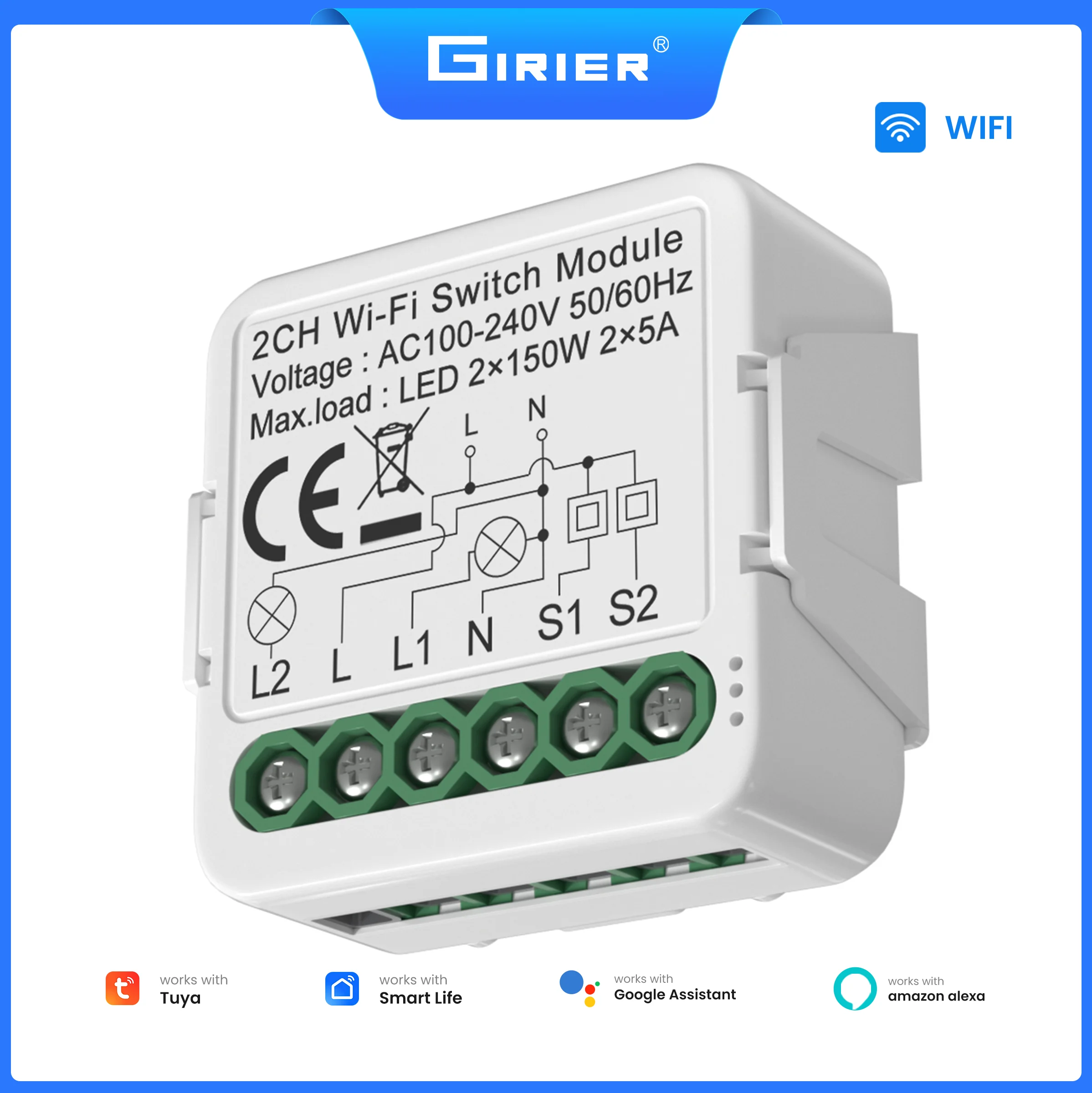 GIRIER Tuya Smart WiFi-Schaltmodul Neutralleiter erforderlich Lichtschalter 1/2/3/4-fach Unterstützt Zwei-Wege-Steuerung Alexa Google Home