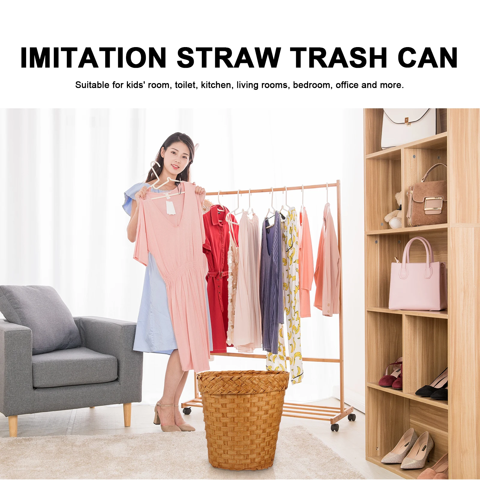 

Large Capacity Woven Storage Trash Can For Home Office Kitchen Bedroom Room Multi Purpose Laundry Container