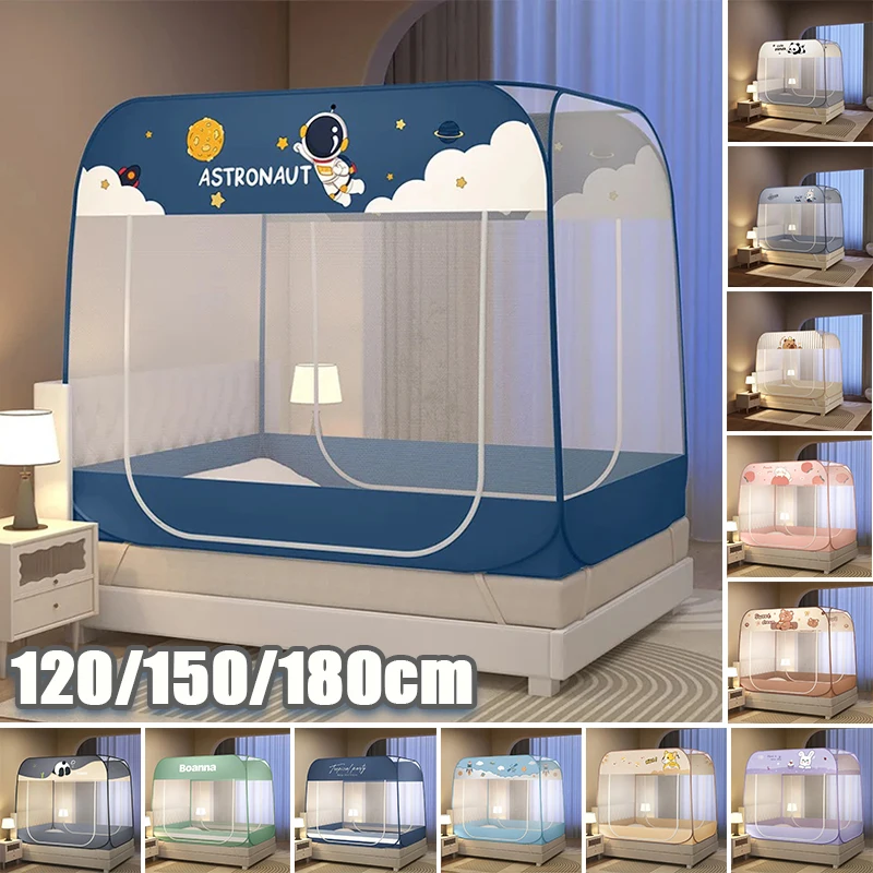 Pop Up Mosquito Net Tent 360° Protection High Density Mesh Dual Doors Mosquito Net for King Queen Full Size Bed with Cute Print