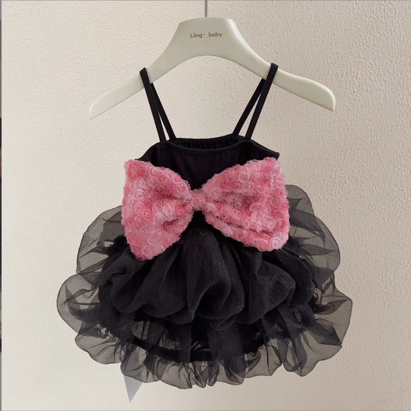 Cat and Dog Dress Summer Pink Rose Bow Slip Dress Bubble Skirt Black Princess Dress Small and Medium-sized Pet Clothing