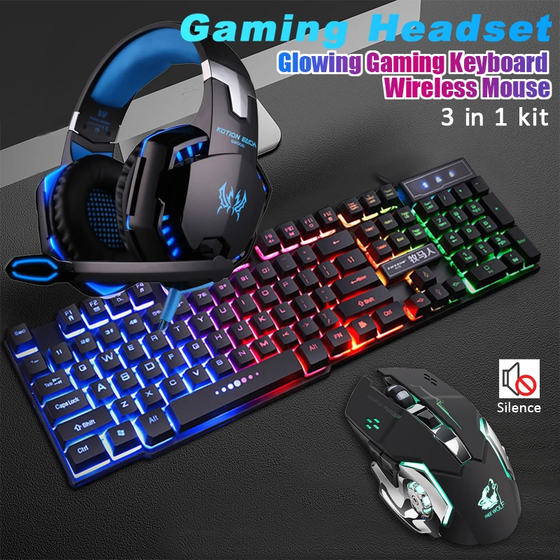 Gaming Wired  Keyboard and Wireless Mouse+Gaming Headset Deep Bass Wired Headphone with MIC for PS5/ PS4/ XBOX/ PC/ Laptop