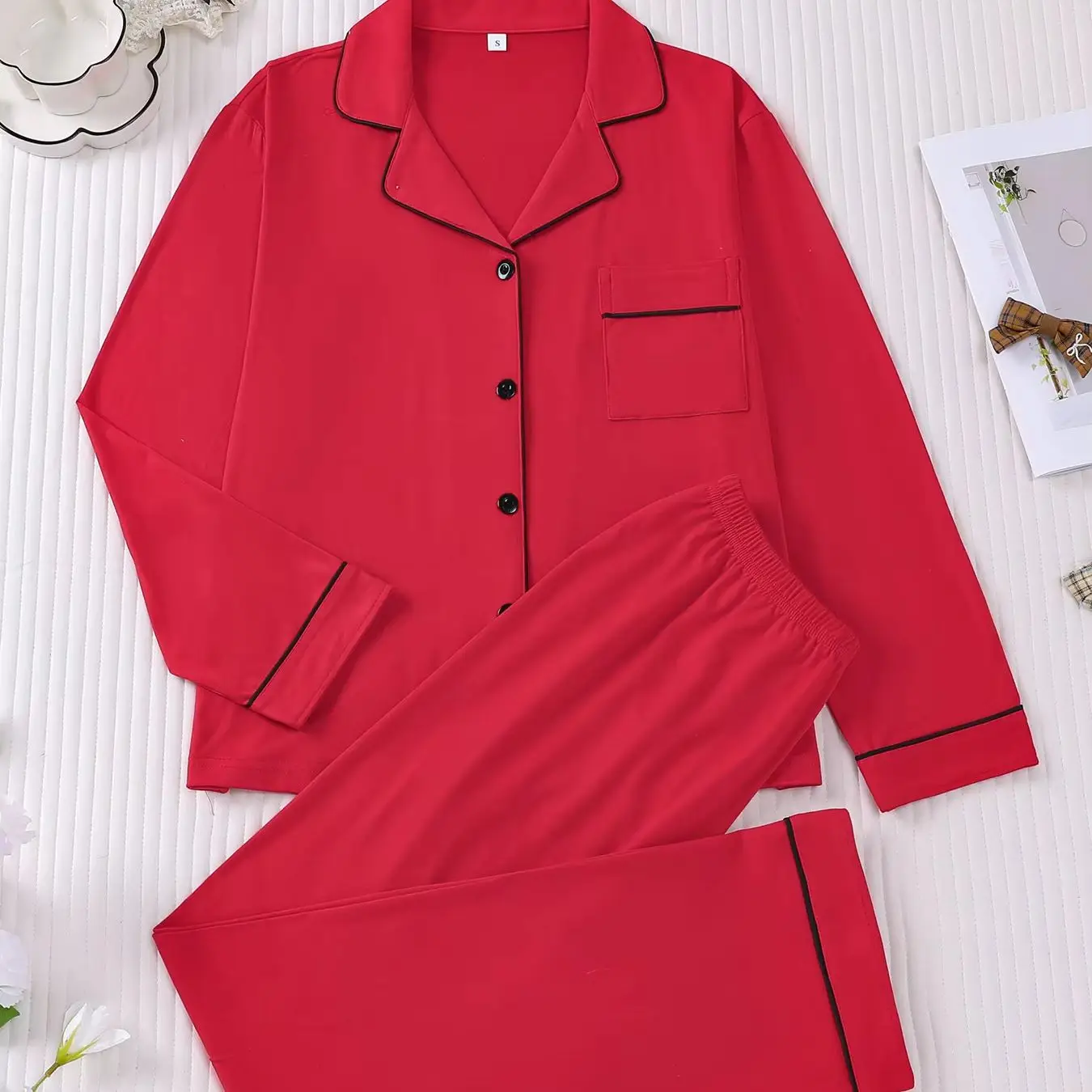 Women's Red Solid Color Pajama Set Notch Collar Long Sleeve Loungewear Comfortable Sleepwear Homewear  Perfect Gift for Her