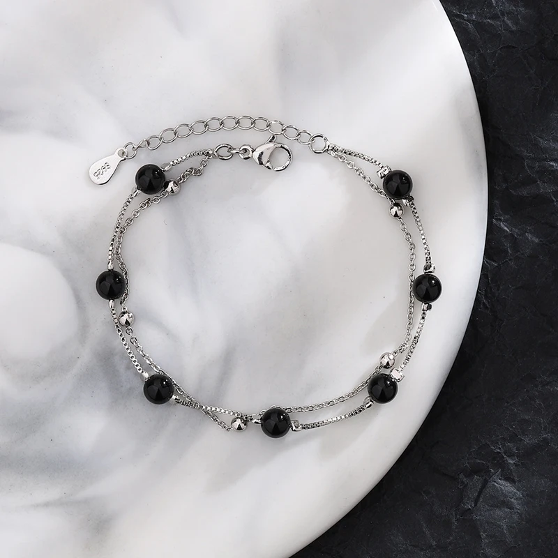 KOFSAC Vintage Trendy Black Beads Bracelets For Women 925 Sterling Silver Jewelry Glamorous Two Chain Bracelet Girl Gift