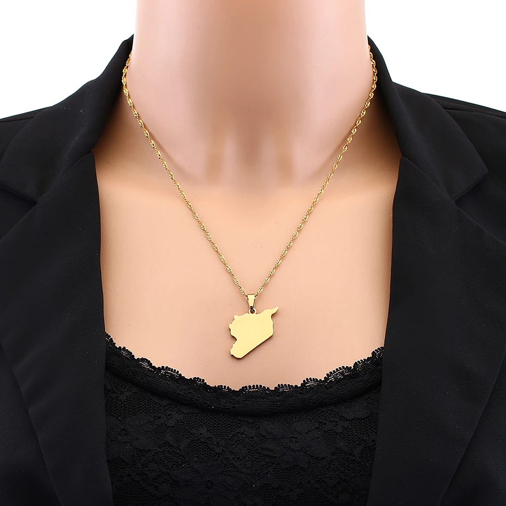 Mode Syrische Arabische Republik Karte Stadt Anhänger Halskette Edelstahl Männer Frauen Ethnische Karten Schmuck Geschenk – Detail 13