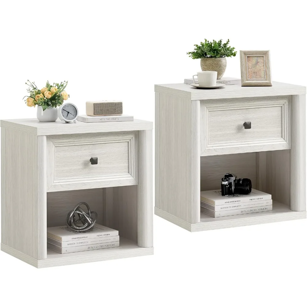 

White Night Stand Set of 2, Farmhouse Nightstands with Deep Drawer, Wood Large Side Tables End Table, 22.6" Wide Bedside Tables