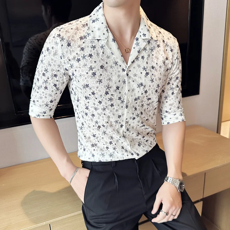 

Summer Men's Lace Flowery Shirts Cuban Collar Half Sleeve Thin Breathable Casual Blouse Male Handsome Clothes Man